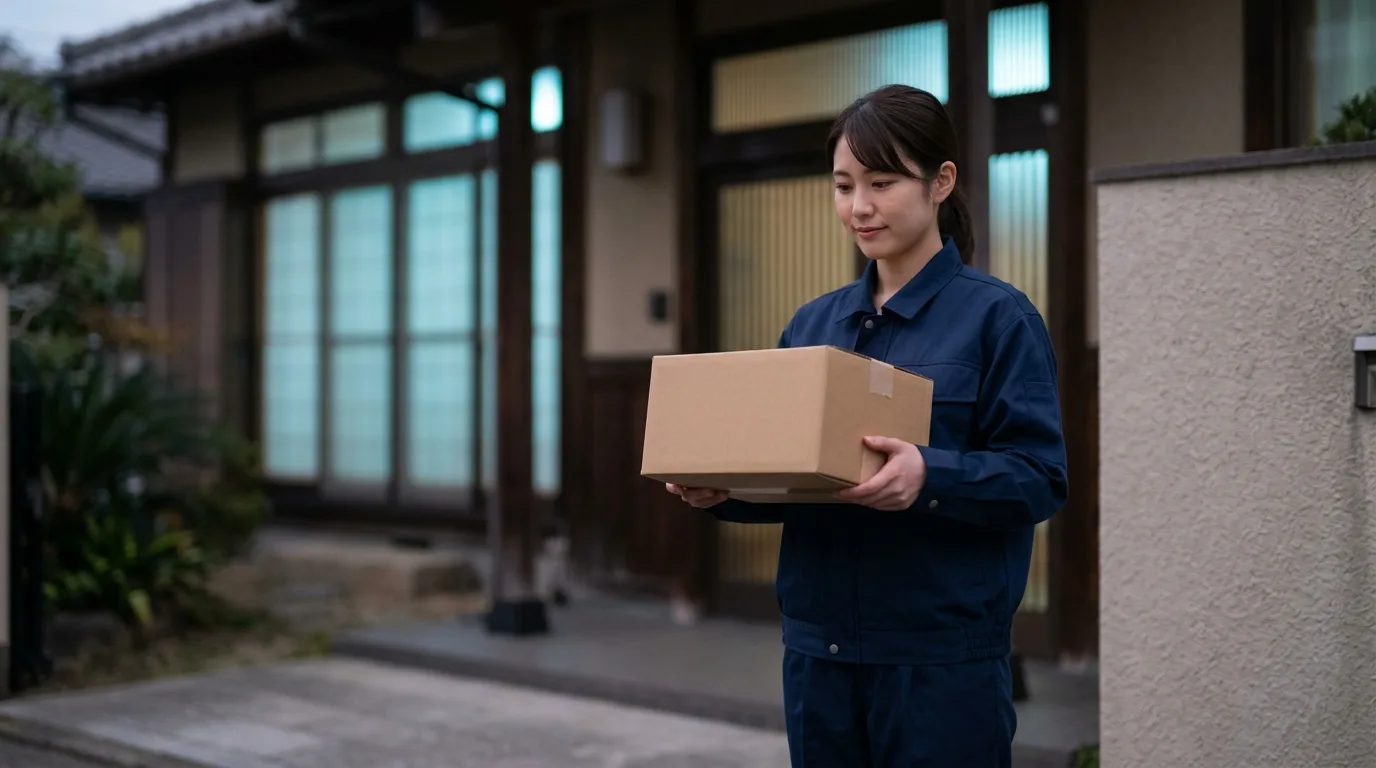 住宅街で荷物を届ける配達員